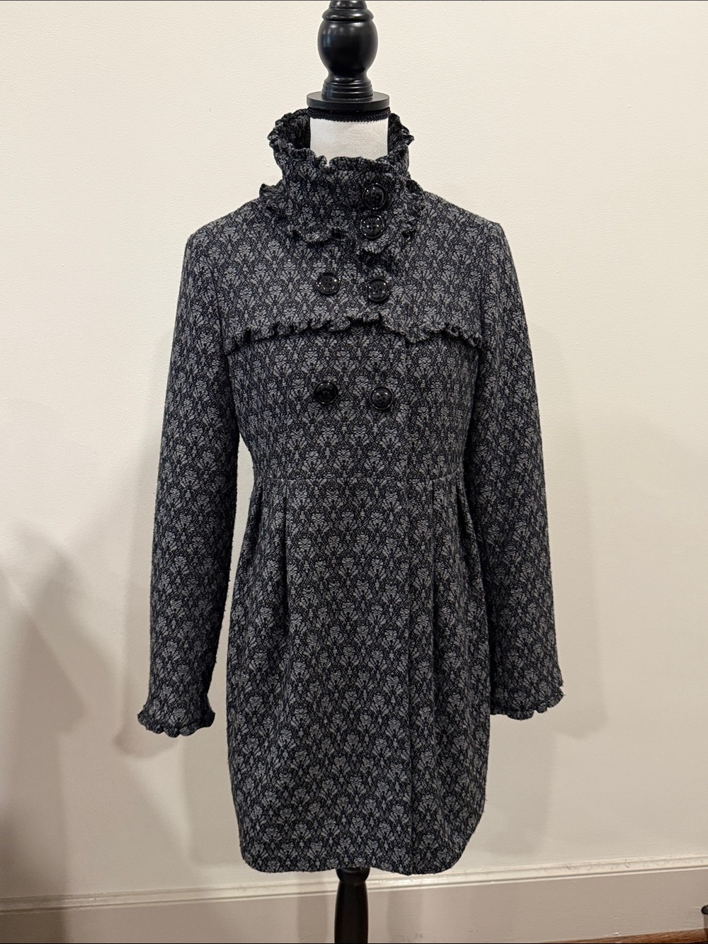Steve Madden Ruffled High-Neck Double-Breasted Pea Coat Black/Gray Size Medium